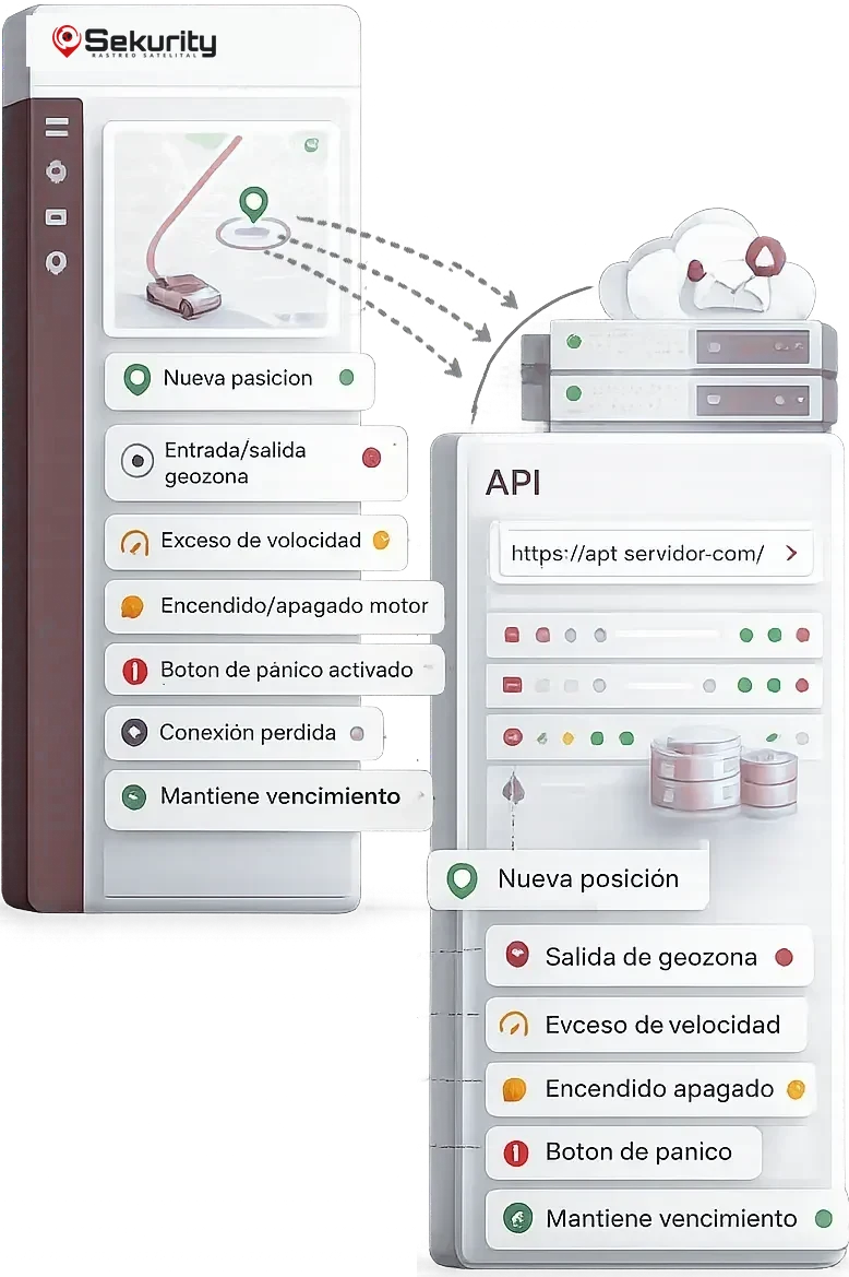 Diagrama de integración entre SekurityGPS y sistemas externos mediante API y webhooks